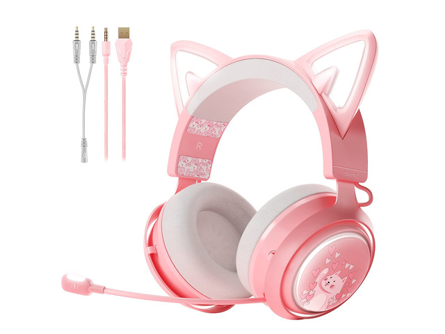 GS510 Gaming Headset, Cat Ear Headset PC Gaming Headphones with Retractable Mic Noise Cancelling, Stereo Sound, DIY Face Covers for PC, PS4,...