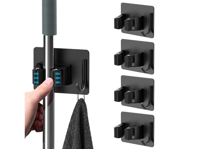 Broom Holder Wall Mount 4Pcs, Self Adhesive Mop Broom Hanger Black Self adhesive stainless steel broom organizer with 4 hooks, holds mops, brooms...