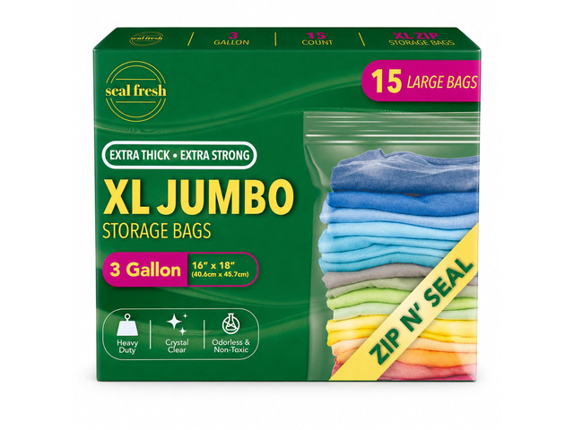 3 Gallon Large Plastic Storage Bags 16' x 18' (15 Count) Reusable XXL Extra Large Clear Jumbo Zip Bags with Sealable Zipper Top For Clothes,...