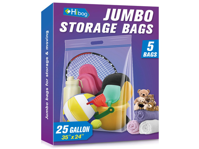 25 Gallon Jumbo Storage Bags, 35 x 24 Resealable Clear Bags with Handle, Extra Large XL Heavy Duty for Clothes Pillow Travel Moving, Pack of 5