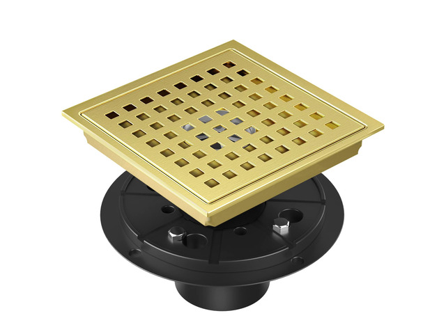 Square Shower Drain Brushed Gold 6-Inch with ABS Flange, Hair Catcher 304 Stainless Steel, Removable Grid Grate, Anti-Clog, Anti-Rust, Easy Clean,...