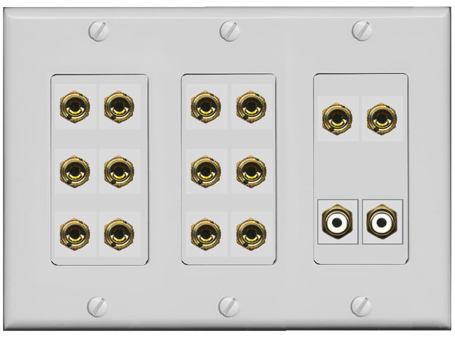 7.2 Surround Sound 7 Speaker 14 Banana Plug Jack Wall Plate w/2 RCA Subwoofer Female Connector - 3 Gang [Gray]