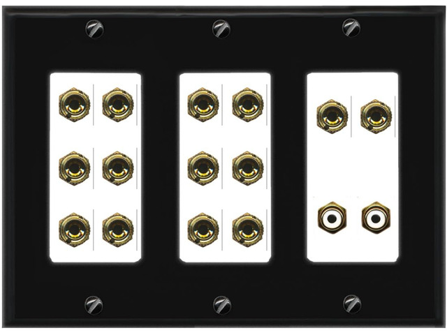 7.2 Surround Sound 7 Speaker 14 Banana Plug Jack Wall Plate w/2 RCA Subwoofer Female Connector - 3 Gang [Black/White]