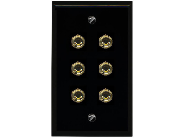 6 Banana 3 Speaker Surround Female Coupler Binding Post Wall Plate - Flat [Black/Black]