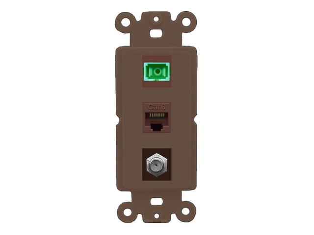 1 Port Fiber Optic Jack SC Simplex APC + Cat6 + Coax Wall Plate - Rocker [Brown/Brown]