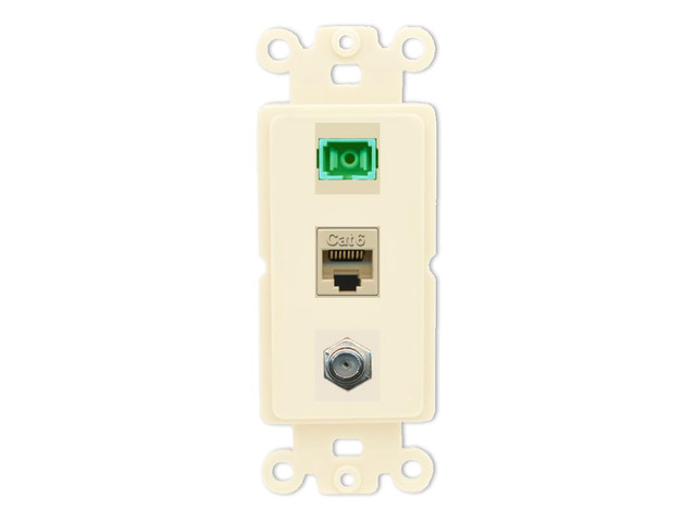 1 Port Fiber Optic Jack SC Simplex APC + Cat6 + Coax Wall Plate - Rocker [Light-Almond]