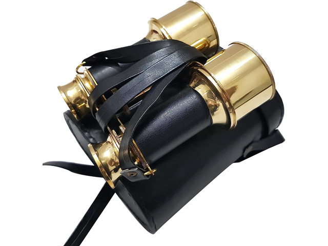 Shiny Brass Leather-Wrapped Nautical Binoculars Brass & Leather, 15x Magnification, 7 In. Extended, Black Leather Box Included, Pirate Collectible,...