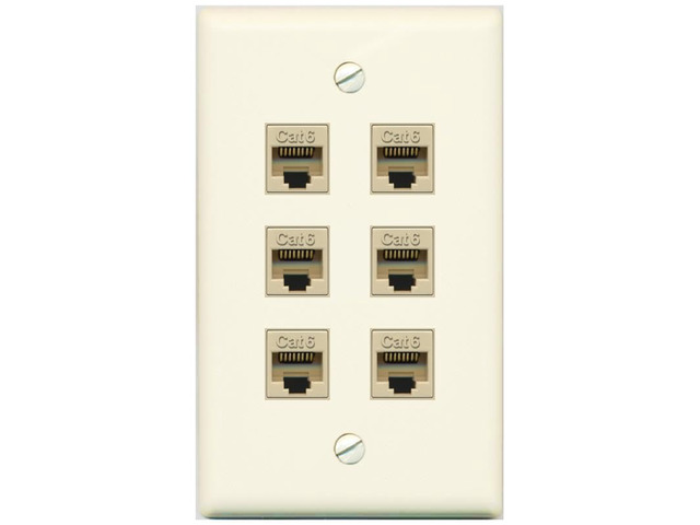 6 Port Cat6 Ethernet RJ45 Female-Female Wall Plate - Flat [Light-Almond]