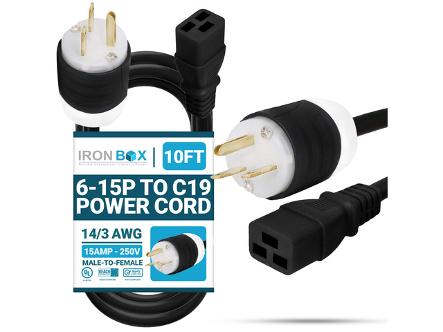 IronBox Electric - Heavy Duty 6-15P to C19 Power Cord - Rated for 15A/250V, 14/3 AWG SJT Jacket - Durable Power Cable for Servers, PDU, IT...