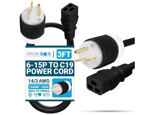 IronBox Electric - Heavy Duty 6-15P to C19 Power Cord - Rated for 15A/250V, 14/3 AWG SJT Jacket - Durable Power Cable for Servers, PDU, IT...