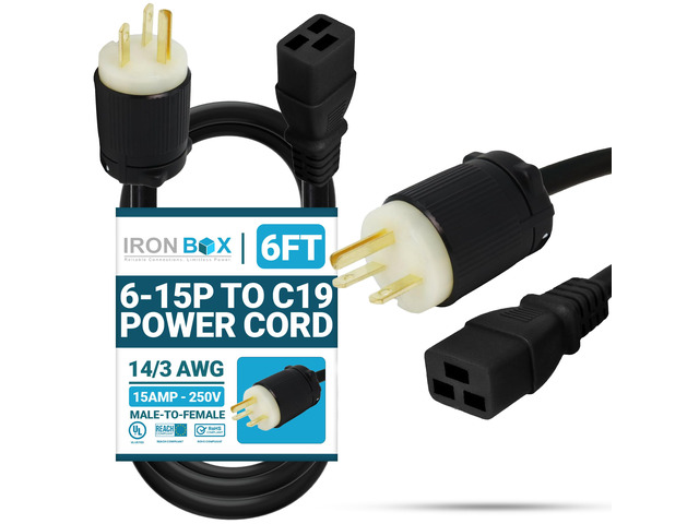 IronBox Electric - Heavy Duty 6-15P to C19 Power Cord - Rated for 15A/250V, 14/3 AWG SJT Jacket - Durable Power Cable for Servers, PDU, IT...