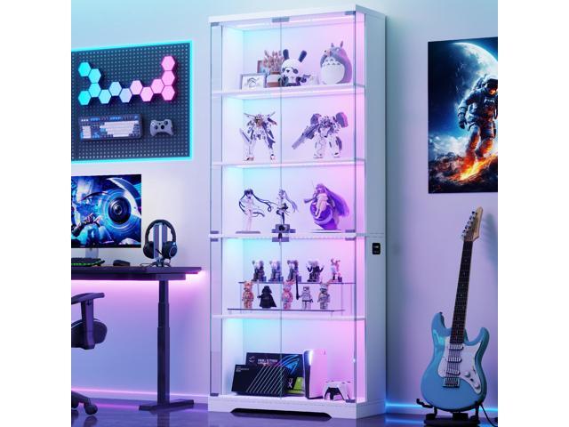 Display Cabinet with Glass Doors, 69' Tall Curio Cabinet with RGB Lights and 5-Tier Shelves for Collectibles, Figures, Lockable Display Case for...