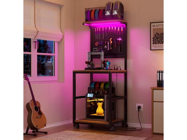 3D Printer Stand with Filament Storage Workstation, Large Mobile 3D Printer Workbench with AC/USB Power Hub and LED Lights, Heavy Duty Printer.