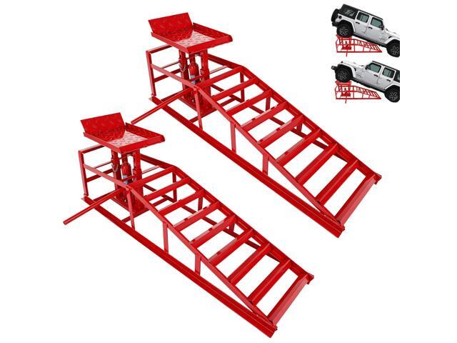 2 Pcs Red Hydraulic Car Ramps 5 Ton (11,000 LBS) Heavy Duty Steel Car Lift Ramps with Hydraulic Jack for Oil Changes & Truck Repair, Truck Trailer.