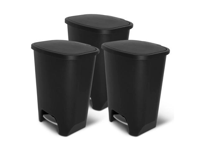 3 Pack 20 Gal Trash Can - Plastic Kitchen Waste Bin with Odor Protection of Lid - Hands Free with Step On Foot Pedal and Garbage Bag Rings, Black