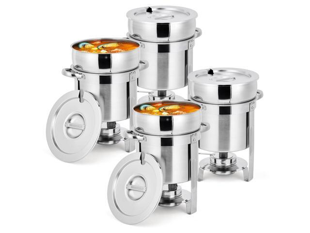 11QT Commercial-Grade Soup Chafer Set of 4, Stainless Steel Round Food Warmers with Pots, Notched Lids & Fuel Holders, Commercial Buffet Equipment.