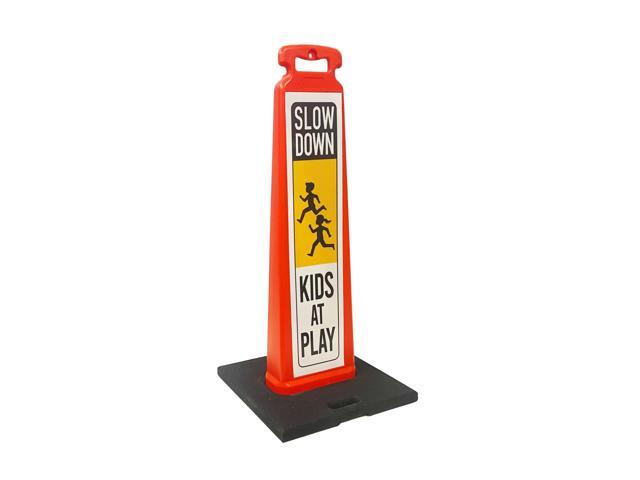SLOW DOWN KIDS AT PLAY Vertical Panel Sign Kit, Double-sided, Reflective sheeting. Vertical Panel & 20lb Base (Sign and base ship separately)