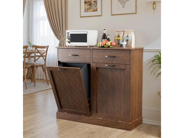 26 Gallons Double Tilt Out Trash Can Cabinet, 2x13 Gallons Hidden Kitchen Trash Cabinet with Storage Drawers, Pet Proof Hidden Garbage Can for...
