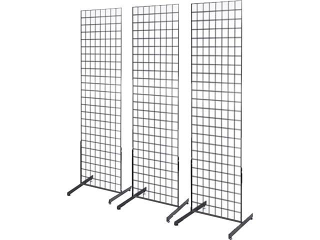 2' x 6' Grid Wall Panel Floorstanding Display Fixture with Deluxe T-Style Base, Black or White. Three-Pack Combo. (BLACK)