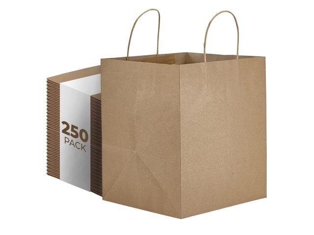 Natural 10' x 10' x 10' Tote Bag, Brown Paper With Handles [Pack of 250] Recyclable Kraft Paper Gift, Food Service