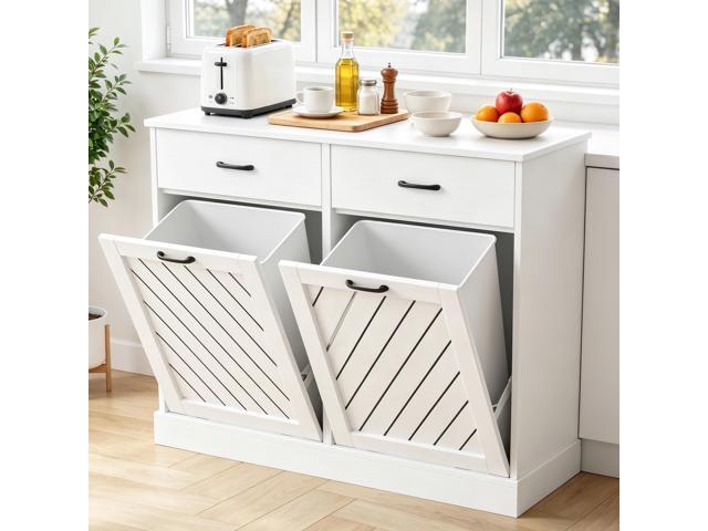2x13 Gallons Double Tilt Out Trash Can Cabinet, White Hidden Kitchen Trash Cabinet with Storage Drawers, Pet Proof Hidden Garbage Can for Kitchen,...