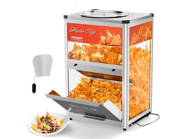 Nacho Chip Warmer, Nacho Machine Countertop Food Warmer Display Case with Warming Light, Glass Door, Scoop & Removable Deflection for Nacho Chips.