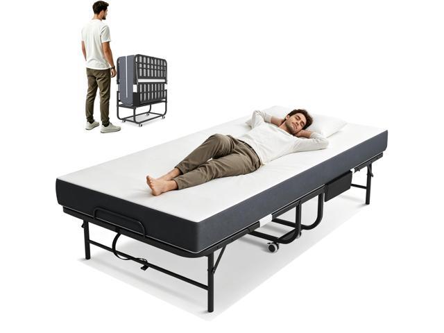 Folding Bed with Mattress, Rollaway Bed for Adults, Guest & Camping, Portable Metal Bed Frame on Wheels, Max Capacity 450LBS, Easy Assembly &...