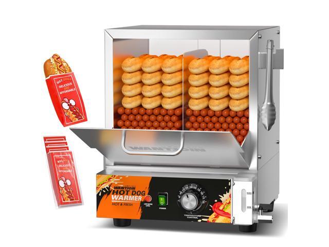 Hot Dog Steamer Machine - 28.8QT Commercial Electric Hotdog Machine with Bun Warmer, Tempered Glass Stainless Steel Steaming Machine for 90-105.
