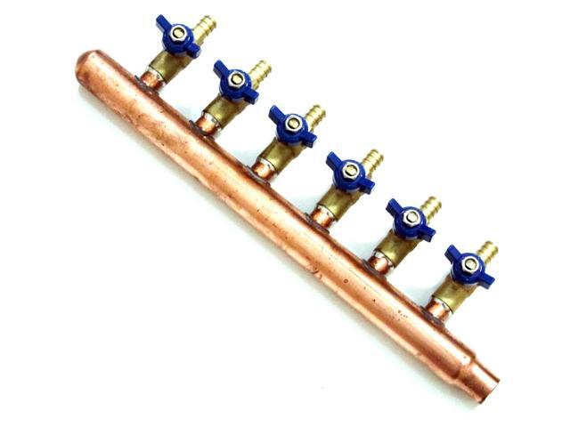 PEX Plumbing Manifold 3/4' Male 1/2' Ball Valve, Close End, Barbed (6 Port, Sweat End)