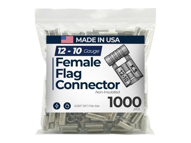 1000 Pcs Non-Insulated Flag Quick Disconnect Electrical Wire Connector - 12-10 AWG Gauge.250 (1/4') Blade Wire Terminal Crimp Connector - Made in USA
