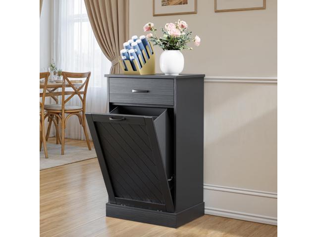 13 Gallons Tilt Out Trash Cabinet, Kitchen Hidden Trash Bin Cabinet Wood Garbage Recycling Cabinet with Hideaway Drawer, Pet Proof Freestanding...
