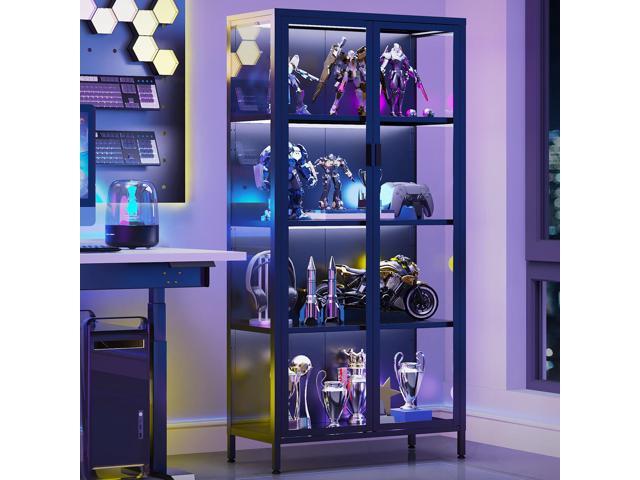 63' H Display Cabinet with Glass Doors,4-Tier Metal Display Case for Collectibles,Curio Cabinet with 3 Adjustable Shelves and Dimmable LED Lights...