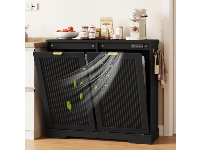 2 X 13 Gallons Double Tilt Out Trash Can Cabinet with Deodorising Function, Wood Fluted Trash FreeStanding Recycling Cabinet, Laundry Cabinet Pet...