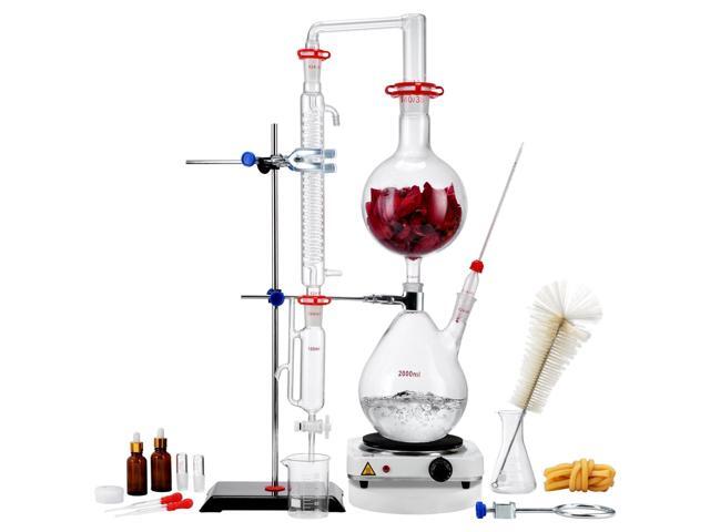 Essential Oil Distillation Equipment, 2L Capacity, Made with 3.3 Borosilicate Lab-Quality Glass, Includes a 1000W Heater and 24/40 Joint...