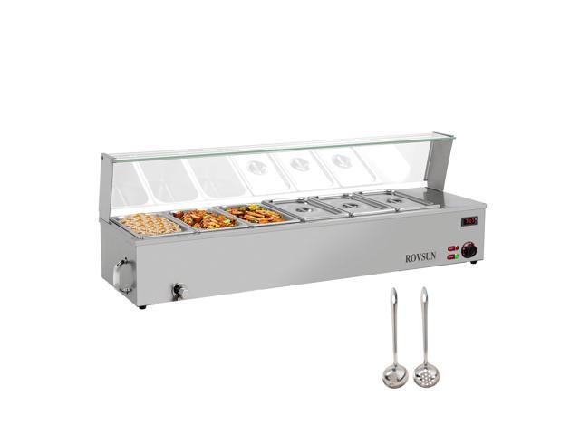 48QT Electric Commercial Food Warmer, 6-Pan Steam Table 8QT/Pan Stainless Steel Bain Marie Countertop w/Glass Shield Temperature Control & Lid for...