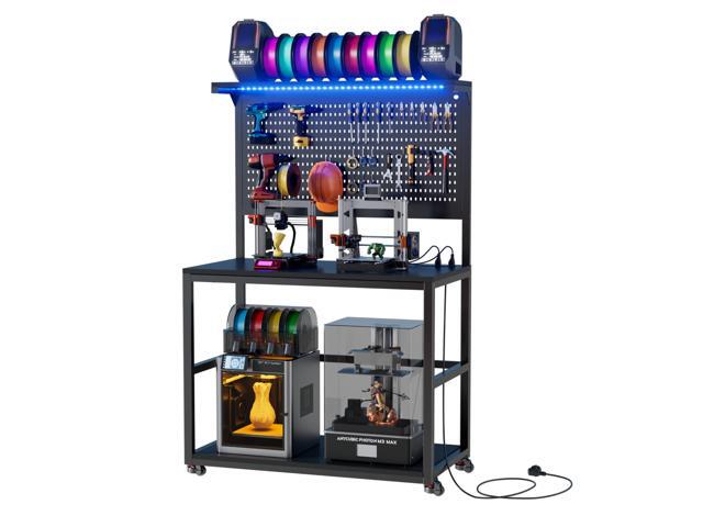 3D Printer Stand with Filament Storage Workbench,3D Printer Table with Charging Station & LED Lights,Heavy Duty Rolling Printer Desk with Pegboard...