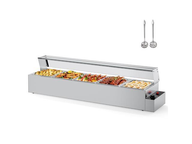 60QT Electric Commercial Food Warmer 1700W, 5-Pan Steam Table 12QT/Pan Stainless Steel Bain Marie w/Acrylic Shield Temperature Control & Lid for...