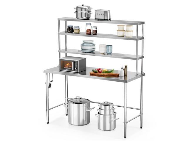 Open Base Stainless Steel Table with Overshelves 60' X 24', NSF Commercial Heavy Duty Pre Table with Adjustable Undershelf & Detachable Hooks for...