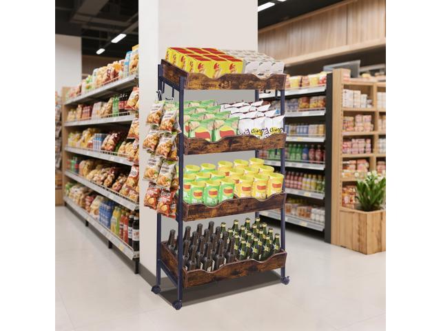 Snack Rack with Wheels,4-Tier Retail Display Shelves with 8 Metal Hooks,Tilted Design,Mobile Retail Display Stand with Metal Frame,Easy Assembly