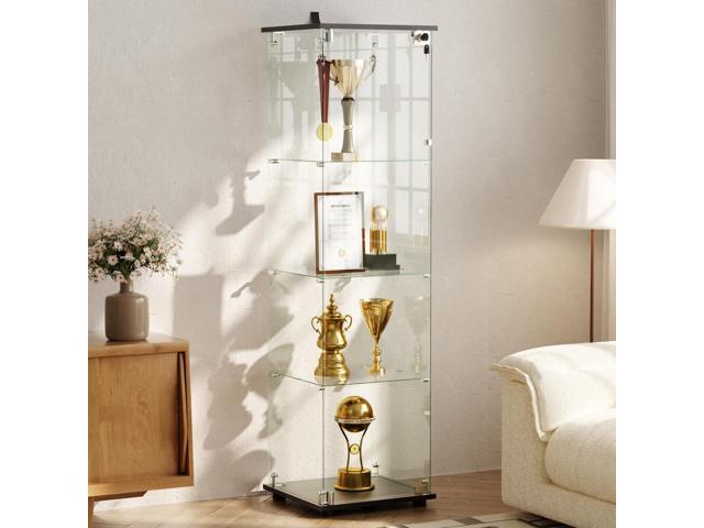 4-Tier Glass Display Cabinet with Lock, Clear Curio Cabinet with Single Glass Doors, for Collectibles, Figures, Trophy, Perfume, Toys, Wine,.