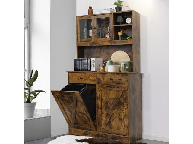 Dual Tilt Out Trash & Storage Cabinet, Kitchen Sideboard Cupboard W/Pet Proof 10X2 Gal Hidden Garbage Holder, Freestand Laundry Sort Cabinet,...