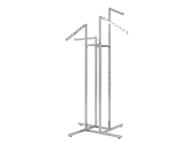 4-Way Clothing Rack Adjustable Height Display with 2 Straight and 2 Slanted Arms, 4872, Chrome Finish