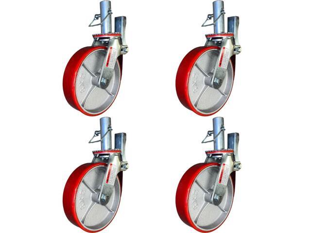 4 pcs Scaffold Caster 5' 6' 8' Black/Red Wheels with Locking Brakes (8' Polyurethane Cast Iron 1-3/8' stem)