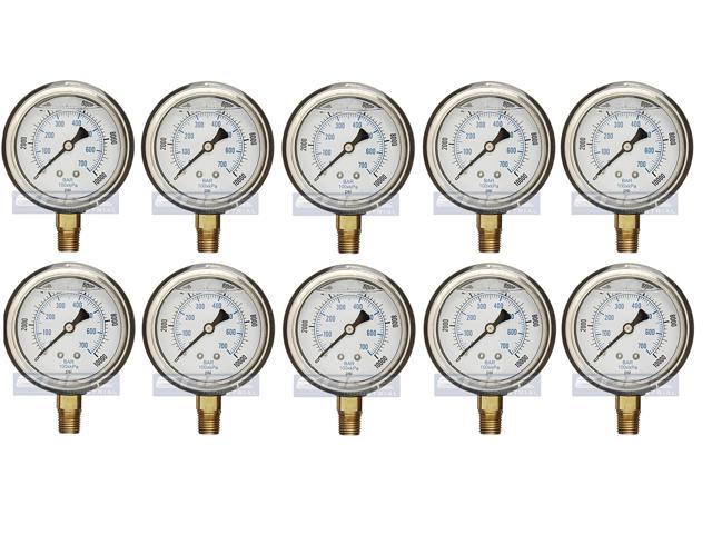 Stainless Steel Lower Mount Liquid Filled Pressure Gauge, 2.5' FACE/DIAL, Rated WOG, 1/4' Male NPT, Range 0-10,000 PSI (Qty 10)