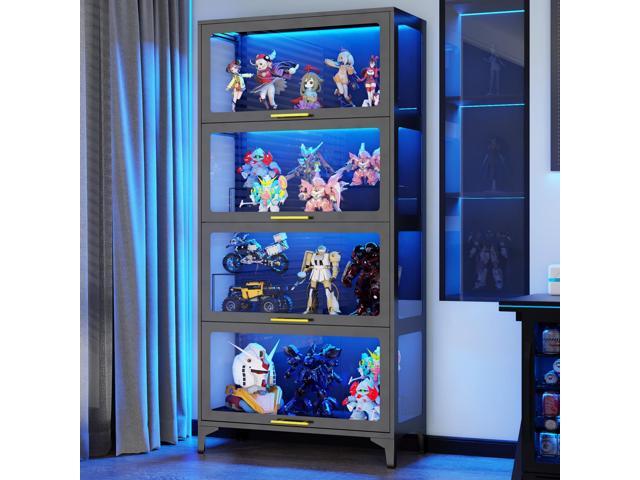 65' H Tall Metal Display Cabinet with Glass Doors & RGB LED Lights, 4-Tier Glass Collectible Display Case for Scale...