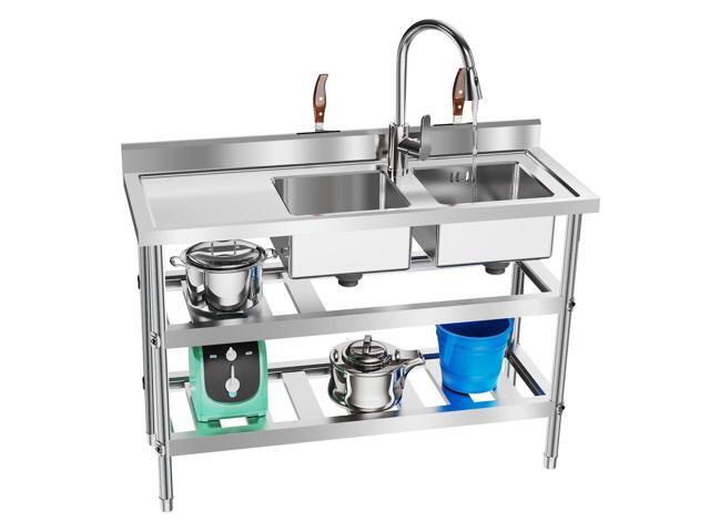 3-Tiers Commercial Sink, 2 Compartment Free Standing Utility Sink Restaurant Kitchen Sinks Work Food Prep Table with Hot & Cold Water Faucet,.