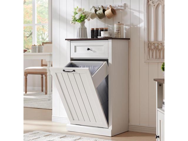 Tilt Out Trash Can Cabinet, Hidden Wooden Trash Can Cabinet, Farmhouse Laundry Hamper Cabinet, Trash Garbage Can Bin Cabinet with Storage Basket...