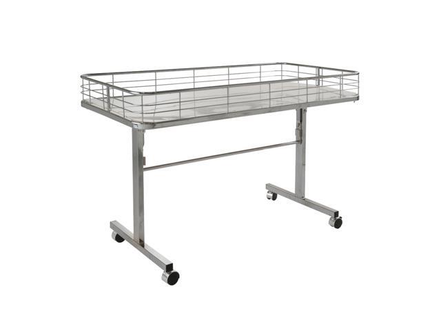 Folding Dump Table, 48 Chrome Retail Display Table with Wire Fence, Rolling Merchandise Bin with Locking Casters, 23.5x47x31