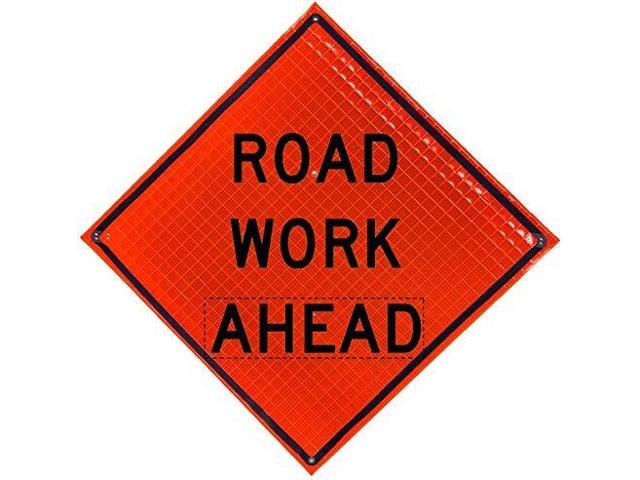 48 inch Reflective Super Bright Fluorescent Orange Roll-Up Sign. Legend States: ROAD WORK AHEAD