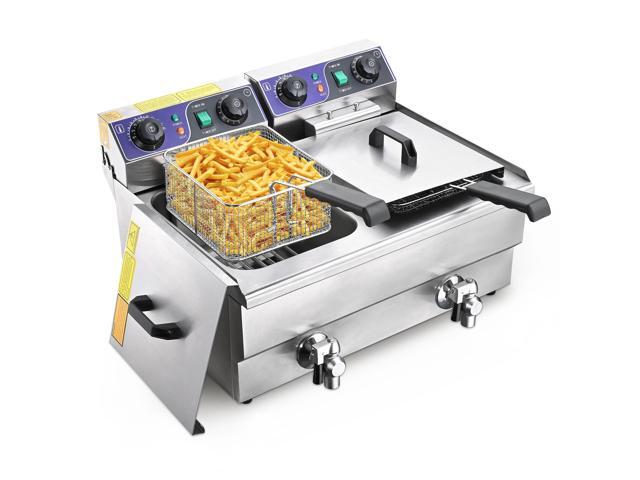 Commercial Electric Deep Fryer 23.4L 3000W Fryer w/Time Control and Oil Filtration Dual Removable Basket Stainless Steel Countertop Fryer for.